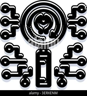 Magnifying glass icon with neural network inside. Applicable as part of ...