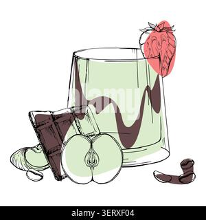 Matcha drink in low tumbler with apple slices, chocolate drip and ripe strawberry accent. Hand drawn ink vector. Vegan cafe graphics, plant based Stock Vector