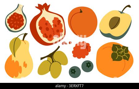 Autumn Fruit Vector Set Flat Geometric Pomegranate Fig Persimmon Collection Stock Vector