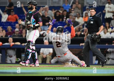 Miami, USA. 19th June, 2026. San Francisco Giants shortstop Willy Adames (2) slides home in the 2nd inning against the Miami Marlins at loanDepot Park June 19, 2026 in Miami, Florida. (Photo by JC Ruiz/Sipa USA) Credit: Sipa USA/Ģ����ý Live News Stock Photo