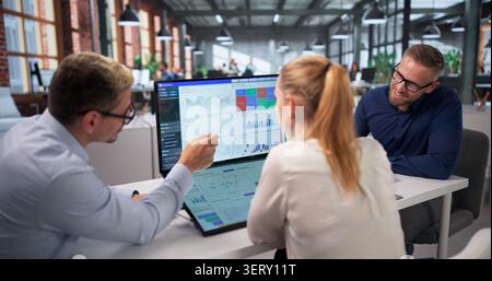 Three Data Analysts Review Financial Dashboard Together, Discussing Key Metrics. Stock Photo
