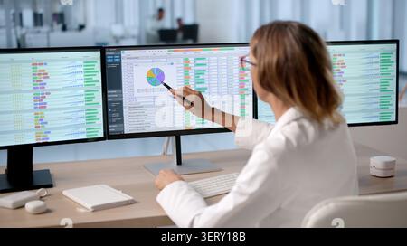 Woman Analyzing Medical Billing Data On Computer Screens In Office Environment Stock Photo