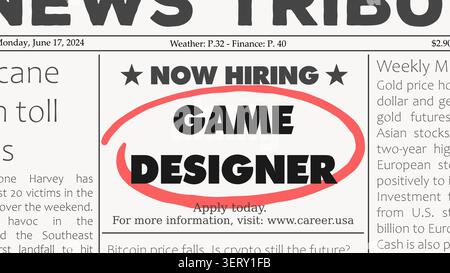 Game designer video game development career. Recruitment offer - job ad. Newspaper classified ad career opportunity. Stock Vector