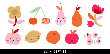 Cute kids food and flower icon set with smiling faces. Vector illustration Stock Vector