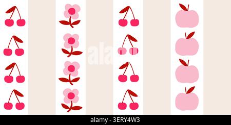 Seamless striped floral and fruit pattern in warm beige tones. Vector illustration Stock Vector