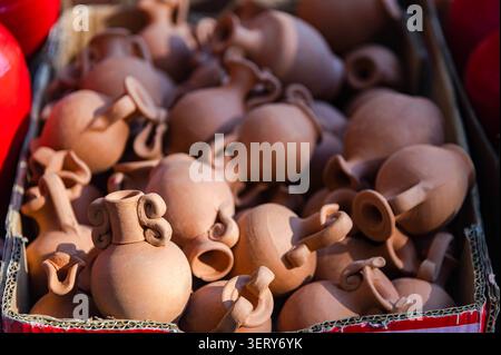 Beautiful handmade jugs for sale. Stock Photo