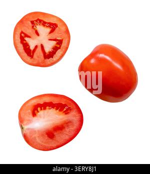 Top view set of ripe red tomato fruit with halves is isolated on white background with clipping path. Stock Photo