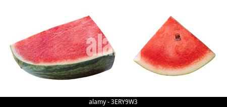 Front view set of ripe red watermelon fruit in two pieces is isolated on white background with clipping path. Stock Photo