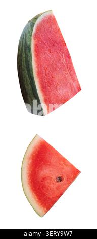 Front view set of ripe red watermelon fruit in two pieces is isolated on white background with clipping path. Stock Photo