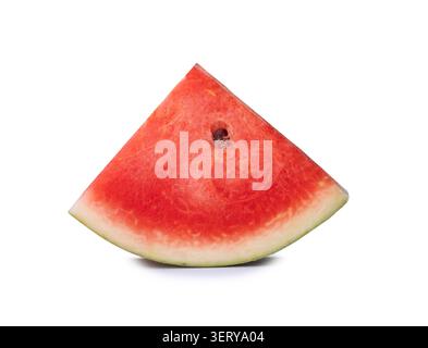 Front view of single fresh ripe red watermelon fruit in one slice or piece with seeds is isolated on white background with clipping path. Stock Photo