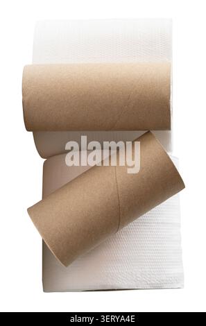 Tissue paper roll or toilet paper roll with cores or tissue paper tubes in stack are isolated on white background with clipping path. Stock Photo