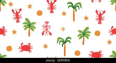 Seamless minimal lobster and crab pattern on white. Vector illustration Stock Vector