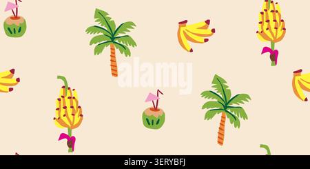 Seamless tropical pattern with palms and coconut banana cocktails. Vector illustration Stock Vector