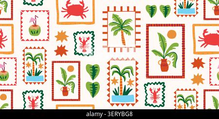 Seamless tropical seafood postage stamp pattern in warm beige. Vector illustration Stock Vector