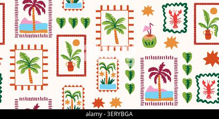 Seamless tropical postage stamp pattern with palms and lobster. Vector illustration Stock Vector