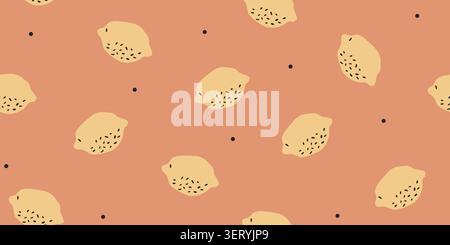 Seamless lemon pattern with polka dots in earthy beige tones, kitchen pattern in beige. Vector illustration Stock Vector