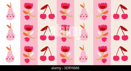 Seamless striped folk fruit pattern with cute faces in pink. Vector illustration Stock Vector