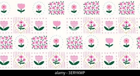 Seamless patchwork floral pattern with pink tulip flowers and green leaves in repeating squares on a light background, soft feminine spring and summer design for girls fabric, nursery textiles, wallpaper, wrapping paper, and cute seasonal decor. Vector illustration Stock Vector