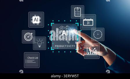 AI productivity task management checklist system digital innovation business performance efficiency improves as professional touches glowing digital i Stock Photo