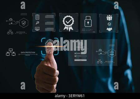 Fingerprint digital cybersecurity biometric authentication interface enables identity verification, data protection ensures privacy for secure access Stock Photo