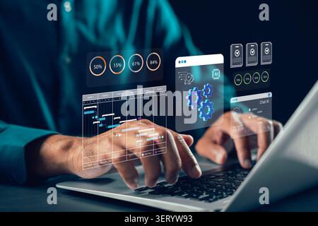 Professional uses ai, automation system helps project management, dashboard shows digital workflow, data analytics technology improves innovation and Stock Photo