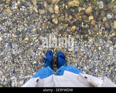 First-person view of feet in rubber boots standing in a clear rocky river. Stock Photo
