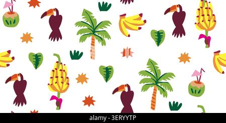 Seamless tropical jungle pattern with toucan and palm leaves. Vector illustration Stock Vector