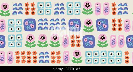 Seamless summer patchwork floral pattern with pink rainbows, Scandinavian flowers, and abstract botanical collage elements on a light beige background, trendy paper cut style repeat design for kids fabric, wallpaper, wrapping paper, nursery decor, scrapbook paper, and modern textiles. Vector illustration Stock Vector