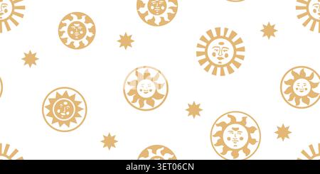 Seamless golden sun and star pattern in minimal style. Vector illustration Stock Vector