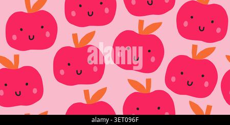 Seamless cute pink apple pattern with smiling faces. Vector illustration Stock Vector