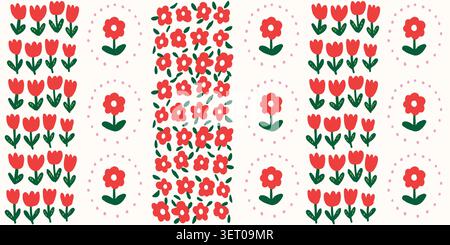 Seamless patchwork floral stripe pattern with red doodle flowers in cute frames on a light background, trendy minimalist spring and summer repeat design for kids fabric, wallpaper, wrapping paper, textile print, and modern seasonal decor. Vector illustration Stock Vector