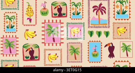 Seamless tropical postage stamp pattern in earthy brown tones. Vector illustration Stock Vector
