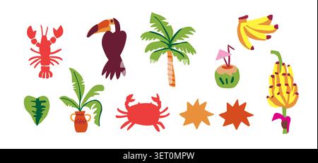 Colorful tropical icon and clipart set isolated on white. Vector illustration Stock Vector
