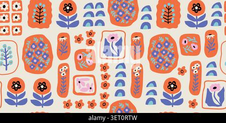 Seamless retro patchwork floral pattern with cutout rainbows and Scandinavian flowers in dusty red and clay orange tones on a light beige background, trendy collage style summer and spring repeat design for women fabric, wallpaper, wrapping paper, home decor, and modern textiles. Vector illustration Stock Vector