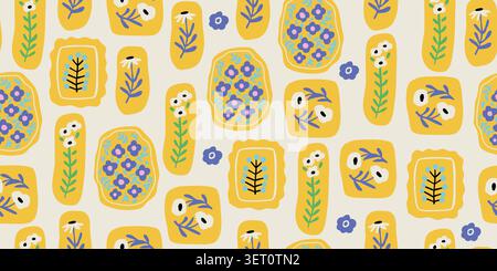 Seamless patchwork floral pattern with yellow Scandinavian flowers in collage cutout style frames on a light beige background, trendy retro inspired summer and spring botanical repeat design for kids fabric, wallpaper, wrapping paper, nursery decor, scrapbook paper, and modern textiles. Vector illustration Stock Vector