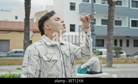 Young hispanic man in a plaid jacket holds a smartphone to his ear, talks and then raises the phone overhead while standing by a bench on a street; fr Stock Photo