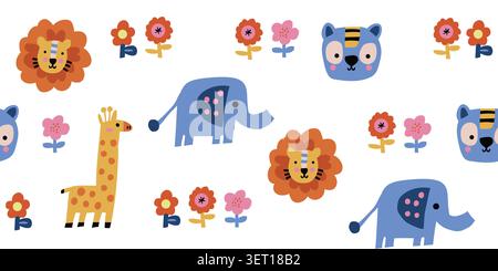 Seamless zoo animal pattern with elephant, lion, giraffe, panda, and Scandinavian cutout flowers on a white background, cute colorful safari repeat design for kids fabric, nursery wallpaper, baby textiles, wrapping paper, scrapbook paper, and playful children decor. Vector illustration Stock Vector
