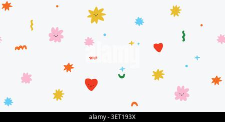 Seamless abstract cutout pattern with spaced flowers, rainbows, hearts, and star shapes in Scandinavian and Matisse inspired style on a white background, airy minimalist repeat design for kids fabric, nursery wallpaper, wrapping paper, scrapbook paper, and modern playful textiles. Vector illustration Stock Vector