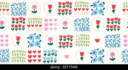 Seamless romantic patchwork floral pattern with colorful tulips, blue and pink flowers, hearts, and botanical elements in repeating squares on a light background, cute summer and spring design for girls fabric, Valentine decor, wallpaper, wrapping paper, and trendy seasonal textiles. Vector illustration Stock Vector