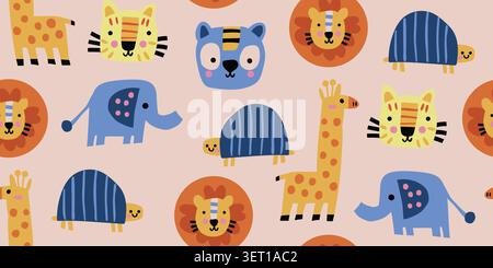 Seamless zoo animal pattern with elephant, panda, koala, leopard, giraffe, lion, and turtle on a soft beige pink background, cute safari repeat design for kids fabric, nursery wallpaper, baby textiles, wrapping paper, scrapbook paper, and playful children decor. Vector illustration Stock Vector