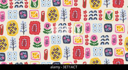 Seamless modern collage floral pattern with dusty pastel flowers in yellow, green, pink, blue, and dark navy tones on a light beige background, trendy Scandinavian cutout style summer and spring repeat design for women fabric, wallpaper, wrapping paper, home decor, and stylish textiles. Vector illustration Stock Vector