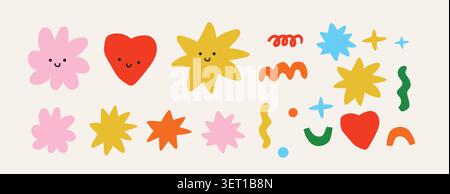 Abstract cutout clipart set with flower, rainbow, heart, and star shapes in Scandinavian and Matisse inspired style on a soft beige background, trendy minimalist collection for kids design, nursery decor, stickers, posters, scrapbook projects, greeting cards, branding, and modern creative layouts. Vector illustration Stock Vector