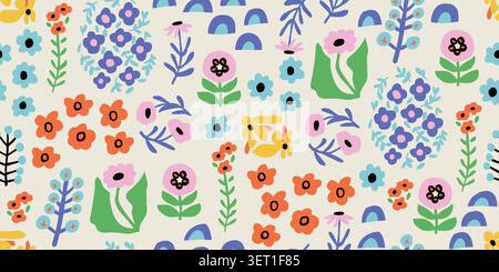 Seamless Scandinavian floral pattern with minimalist flowers scattered on a light beige background, trendy abstract botanical summer and spring repeat design for women fabric, wallpaper, wrapping paper, nursery decor, scrapbook paper, and modern textiles. Vector illustration Stock Vector