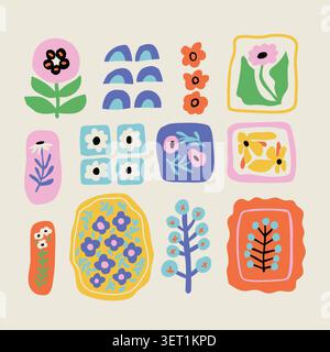 Scandinavian floral and rainbow clipart set with 12 abstract cutout elements in pastel and earthy tones, trendy collage style collection for posters, greeting cards, nursery decor, scrapbook projects, social media design, branding, packaging, wall art, and modern creative layouts. Vector illustration Stock Vector