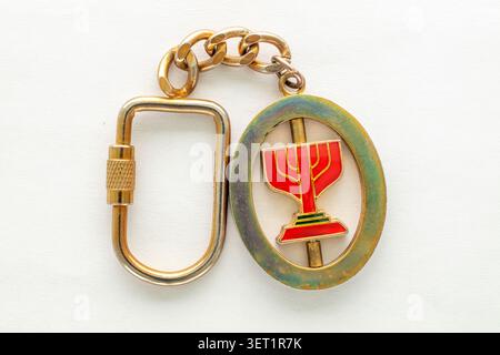 Metal key chain isolated on white background, macro, top view. Detail. Stock Photo