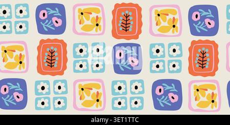 Seamless patchwork floral square pattern with colorful pastel minimalist flowers on a light background, trendy summer and spring botanical repeat design for kids fabric, wallpaper, wrapping paper, nursery decor, scrapbook paper, and modern textiles. Vector illustration Stock Vector