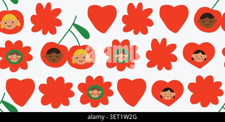 Seamless kawaii cutout pattern with red flowers, hearts, cherries, and playful children faces on a white background, bold Scandinavian inspired repeat design for kids fabric, nursery wallpaper, baby textiles, wrapping paper, scrapbook paper, and cheerful modern children decor. Vector illustration Stock Vector