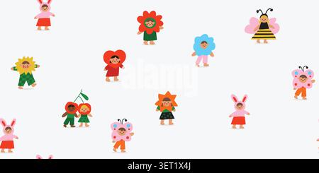 Seamless kids carnival costume pattern with bunny, bee, butterfly, cherry, flower, and heart character children on a white background, airy playful repeat design for kids fabric, nursery wallpaper, baby textiles, wrapping paper, scrapbook paper, and cheerful party themed decor. Vector illustration Stock Vector