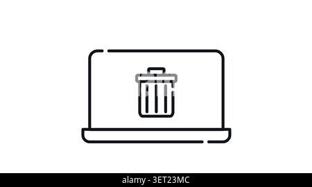 Laptop with trash bin icon: portable notebook computer displaying recycle bin and file deletion symbol on screen, minimalist black line art vector. Stock Vector
