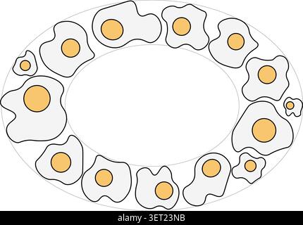 Fried Egg oval frame. Egg template hand drawn illustration. Vector colored graphic line art. Breakfast Wreath and Copy Space Sample poster, invitation Stock Vector